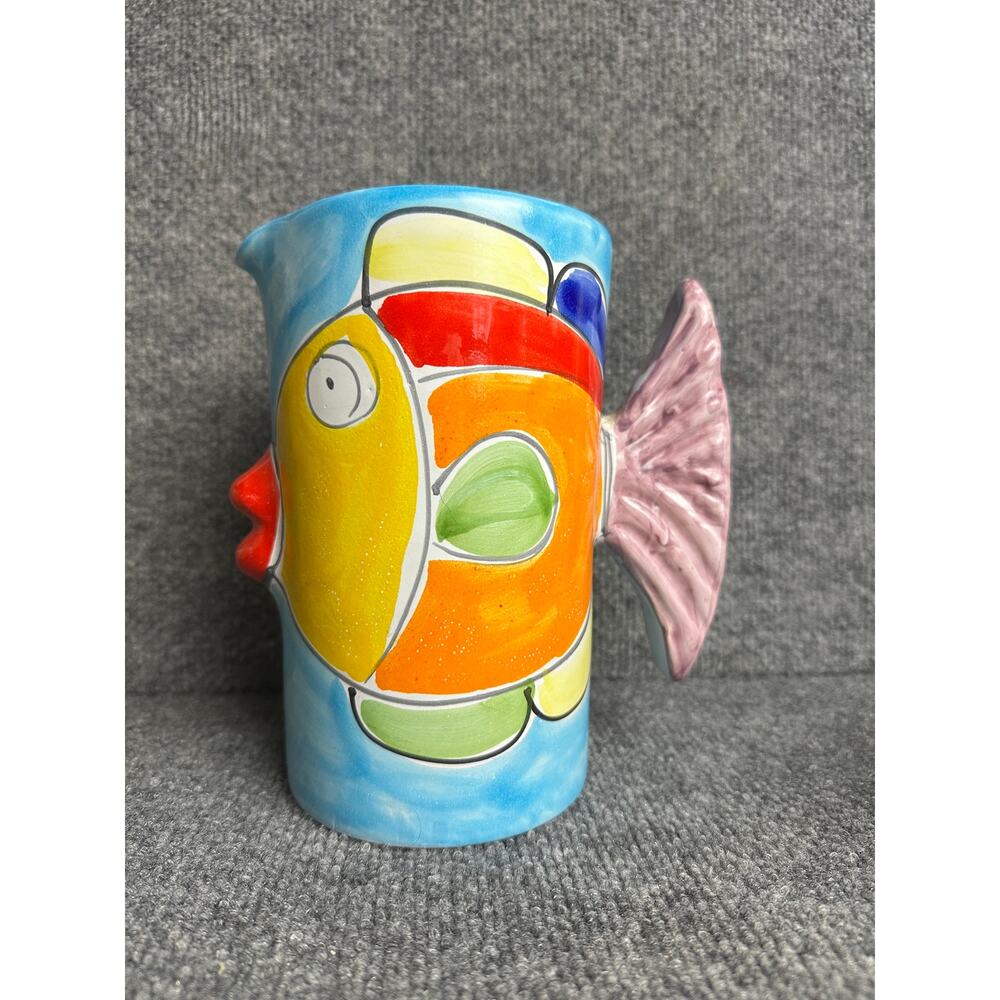 Vintage Italian pitcher fish tail handle fish lips folk art anthropomorphic 8”